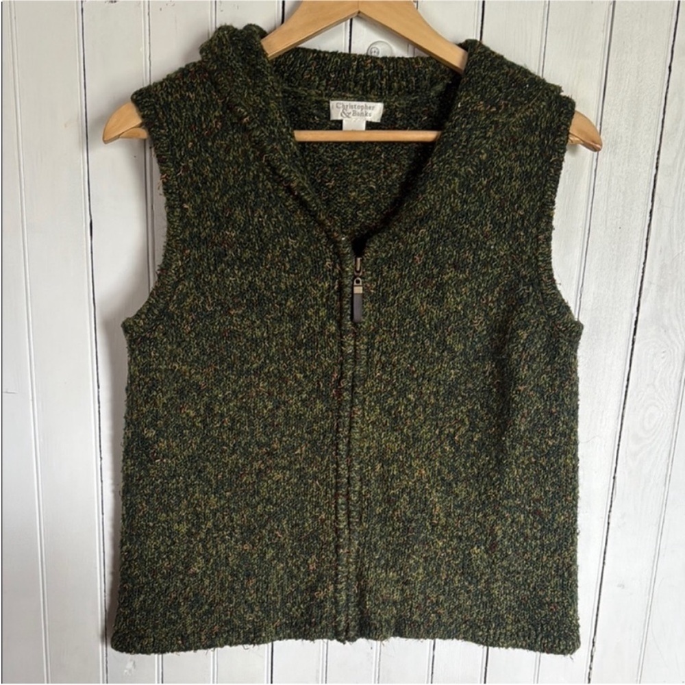 Christopher & Banks Green Tweed Zip-Up Knit Vest